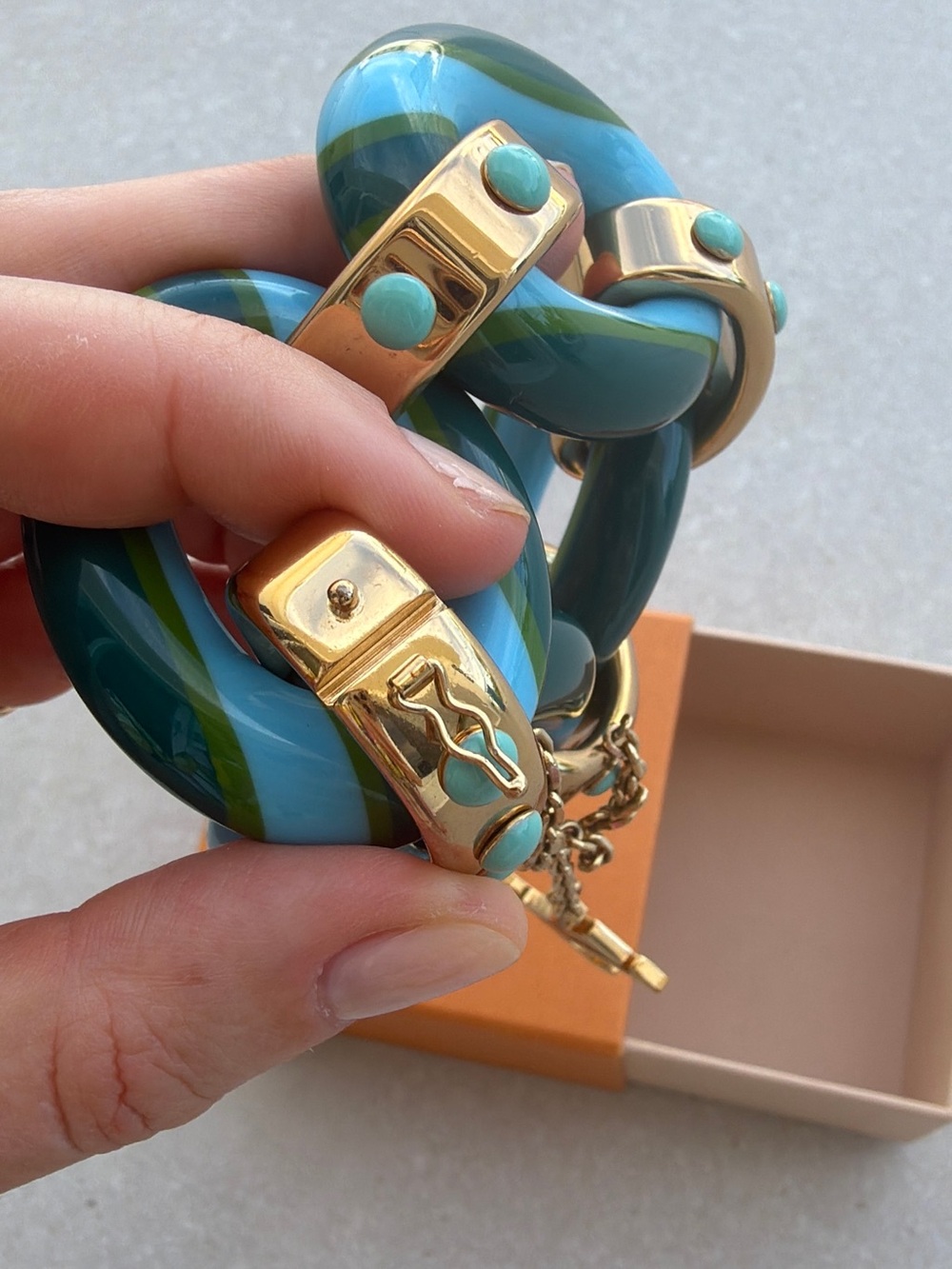 Louis Vuitton Blue and Turquoise Striped Resin Bracelet with Gold LV Charm - Picture 7 of 13